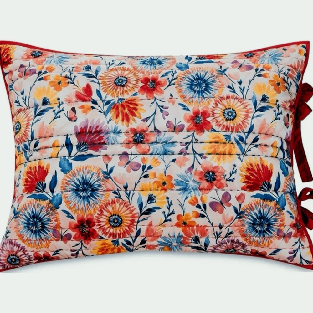 Pioneer Woman King Sham 1x Red White Multi-Color Floral Missing One Tie